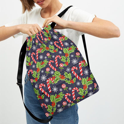 Christmas Berry And Candy Pattern Print Drawstring Backpack