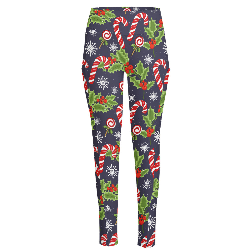 Christmas Berry And Candy Pattern Print High-Waisted Pocket Leggings