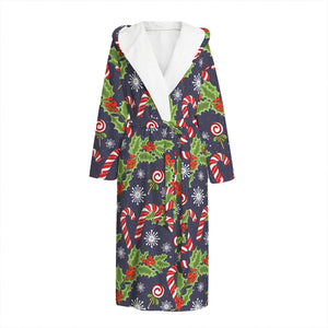 Christmas Berry And Candy Pattern Print Hooded Bathrobe