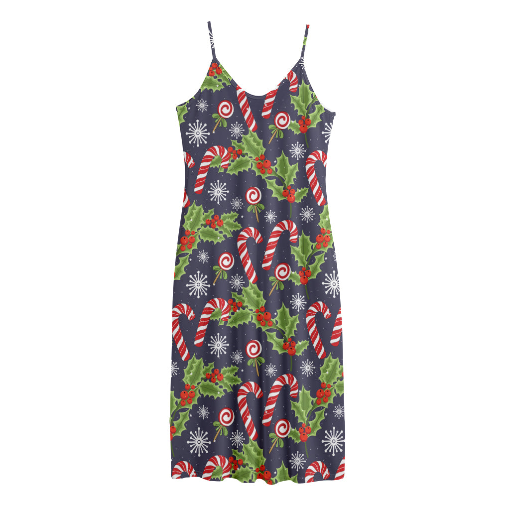 Christmas Berry And Candy Pattern Print Jersey Midi Cami Dress