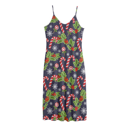 Christmas Berry And Candy Pattern Print Jersey Midi Cami Dress