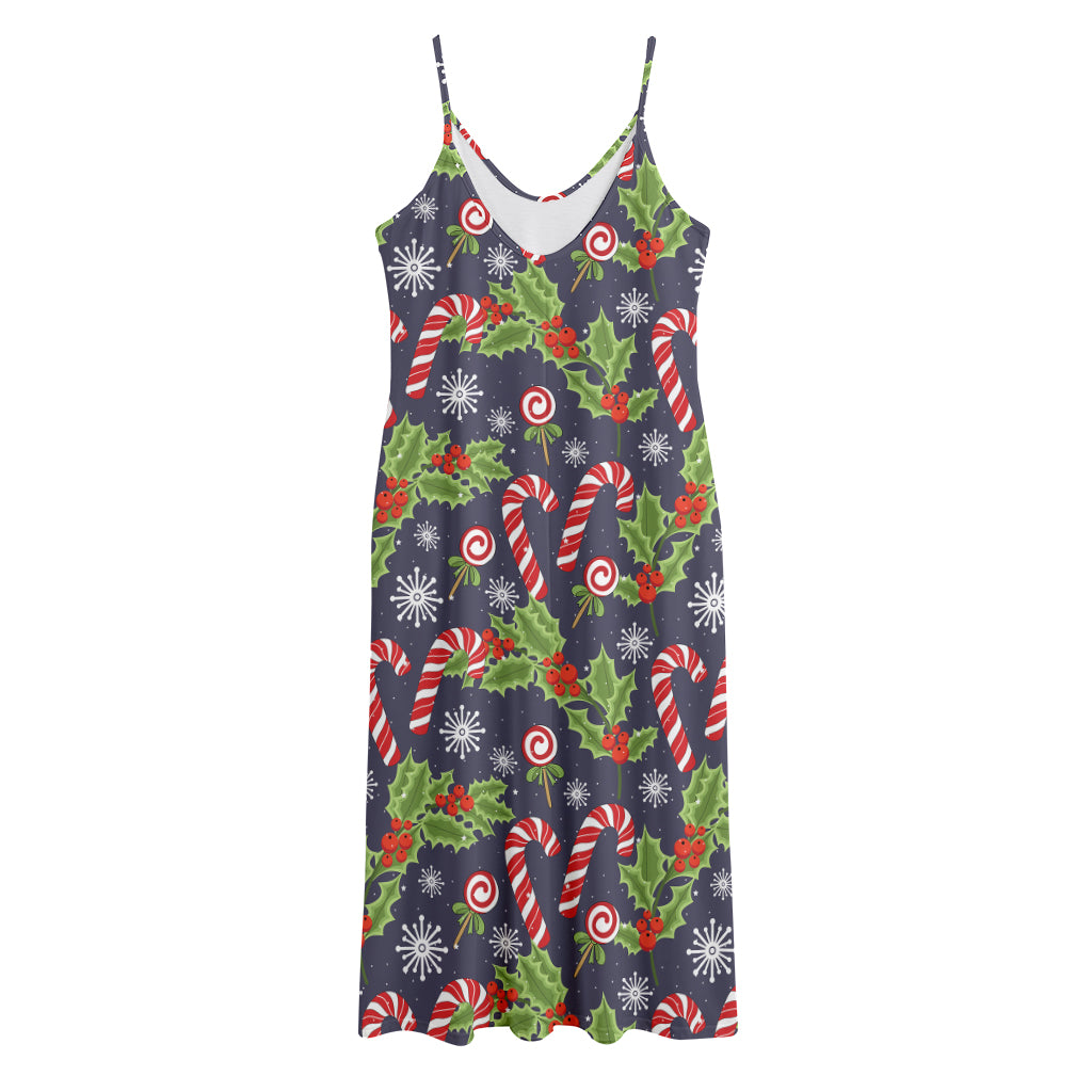 Christmas Berry And Candy Pattern Print Jersey Midi Cami Dress