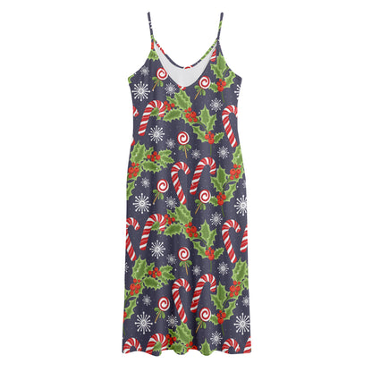 Christmas Berry And Candy Pattern Print Jersey Midi Cami Dress