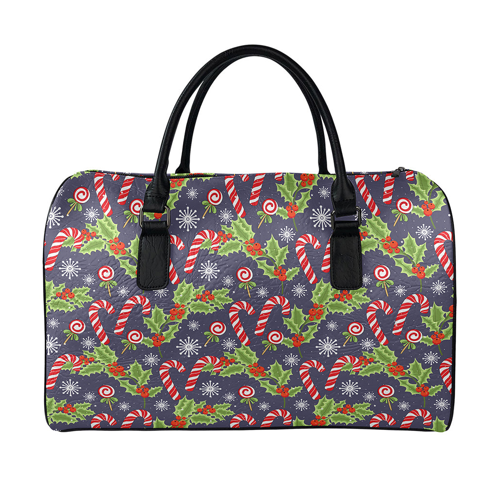 Christmas Berry And Candy Pattern Print Leather Duffle Bag