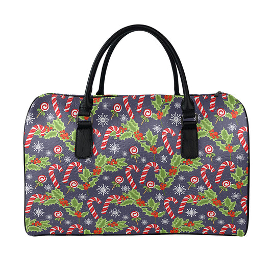 Christmas Berry And Candy Pattern Print Leather Duffle Bag