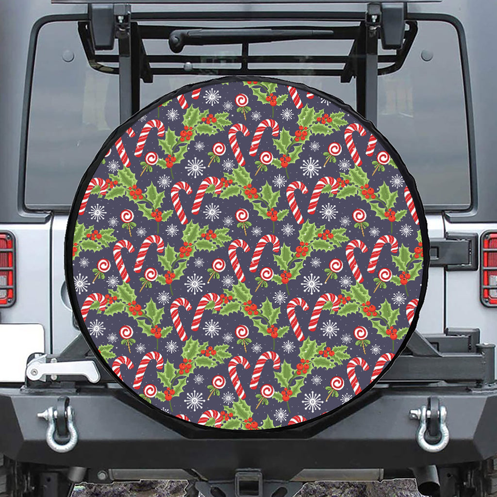 Christmas Berry And Candy Pattern Print Leather Spare Tire Cover
