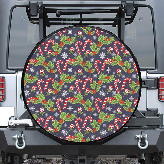 Christmas Berry And Candy Pattern Print Leather Spare Tire Cover