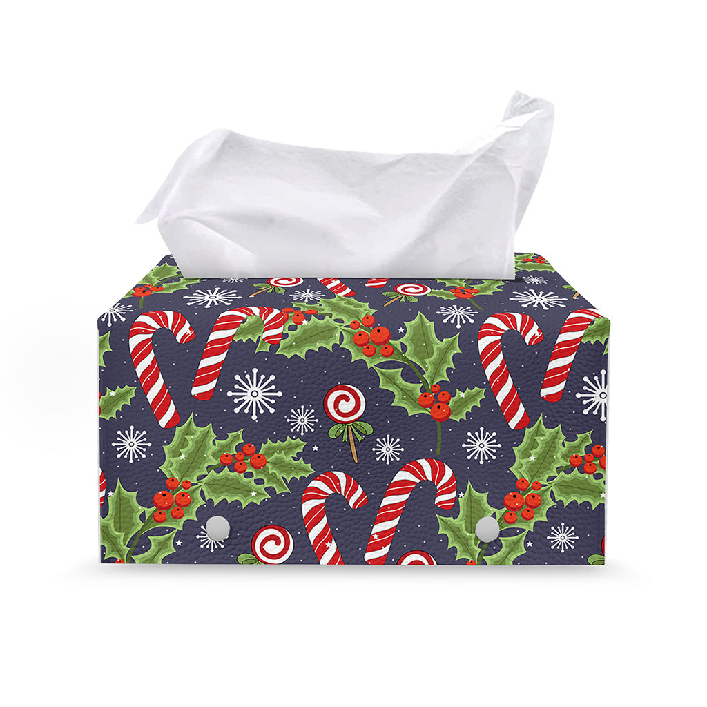Christmas Berry And Candy Pattern Print Leather Tissue Box Cover