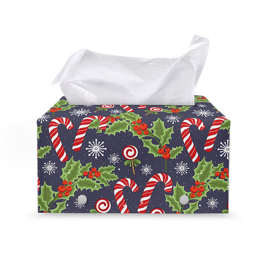 Christmas Berry And Candy Pattern Print Leather Tissue Box Cover