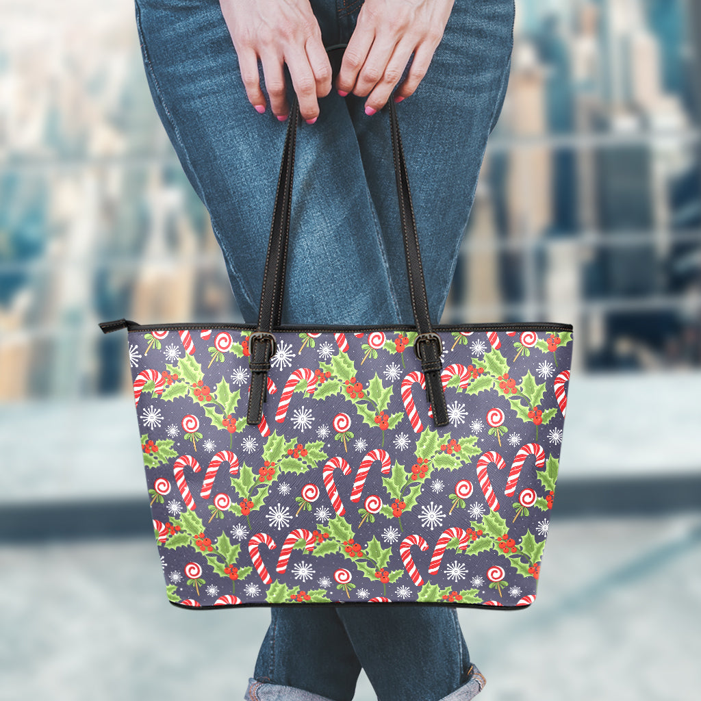 Christmas Berry And Candy Pattern Print Leather Tote Bag