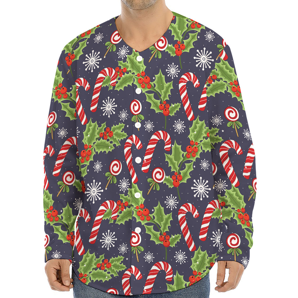 Christmas Berry And Candy Pattern Print Long Sleeve Baseball Jersey