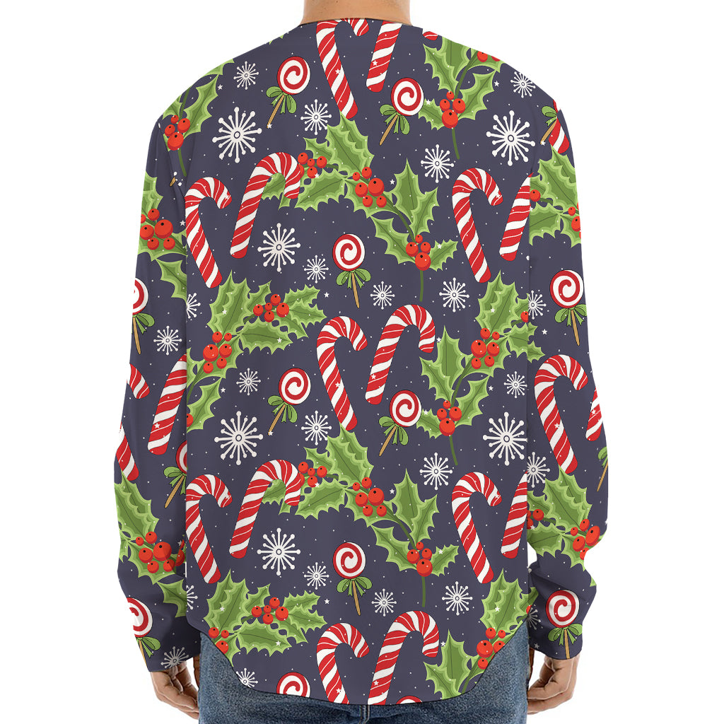 Christmas Berry And Candy Pattern Print Long Sleeve Baseball Jersey