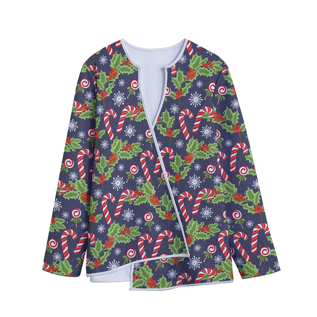Christmas Berry And Candy Pattern Print Long Sleeve Short Coat