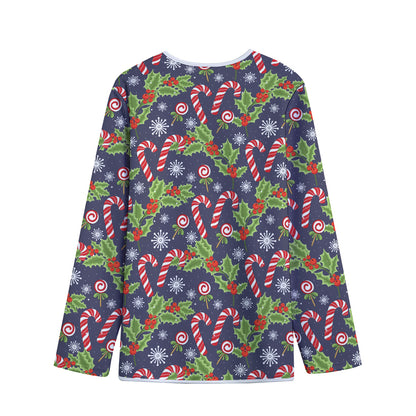 Christmas Berry And Candy Pattern Print Long Sleeve Short Coat