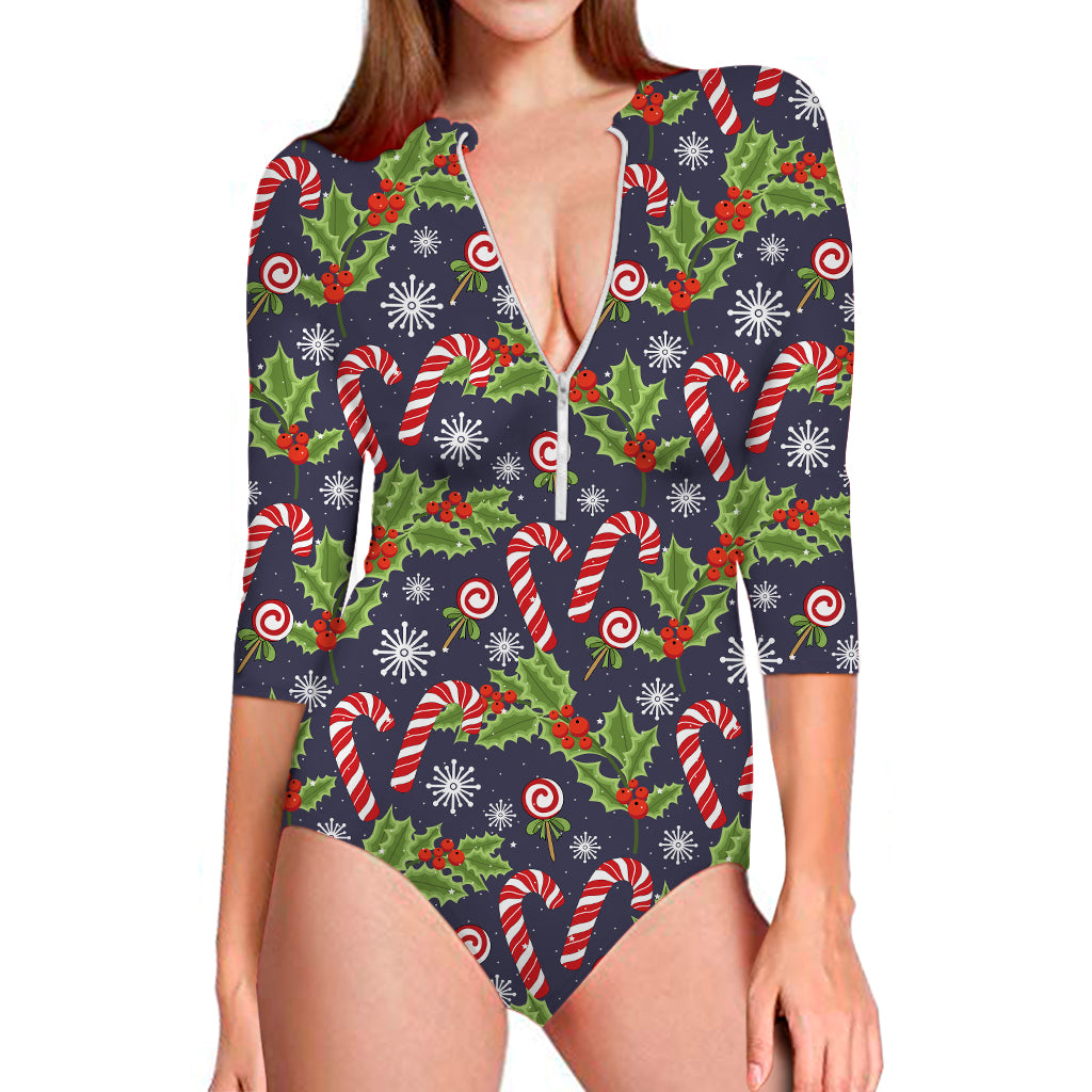 Christmas Berry And Candy Pattern Print Long Sleeve Swimsuit