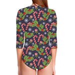 Christmas Berry And Candy Pattern Print Long Sleeve Swimsuit