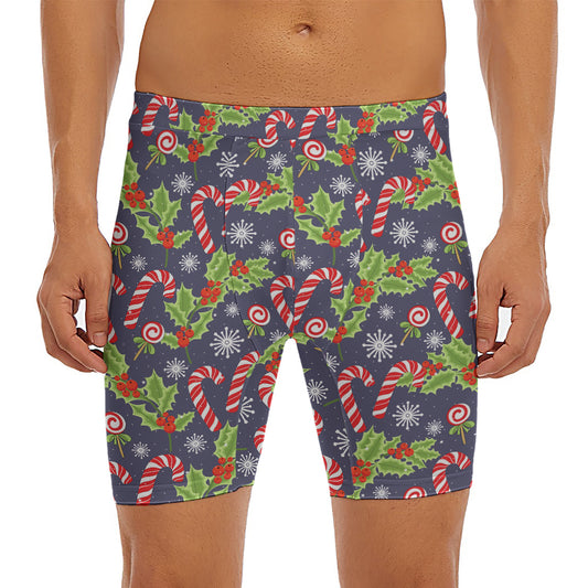 Christmas Berry And Candy Pattern Print Men's Long Boxer Briefs