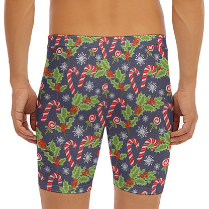 Christmas Berry And Candy Pattern Print Men's Long Boxer Briefs