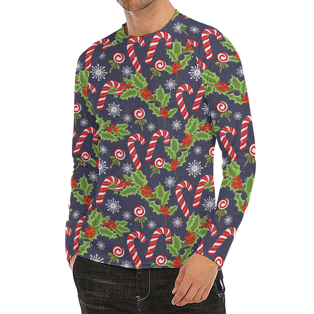 Christmas Berry And Candy Pattern Print Men's Long Sleeve Rash Guard
