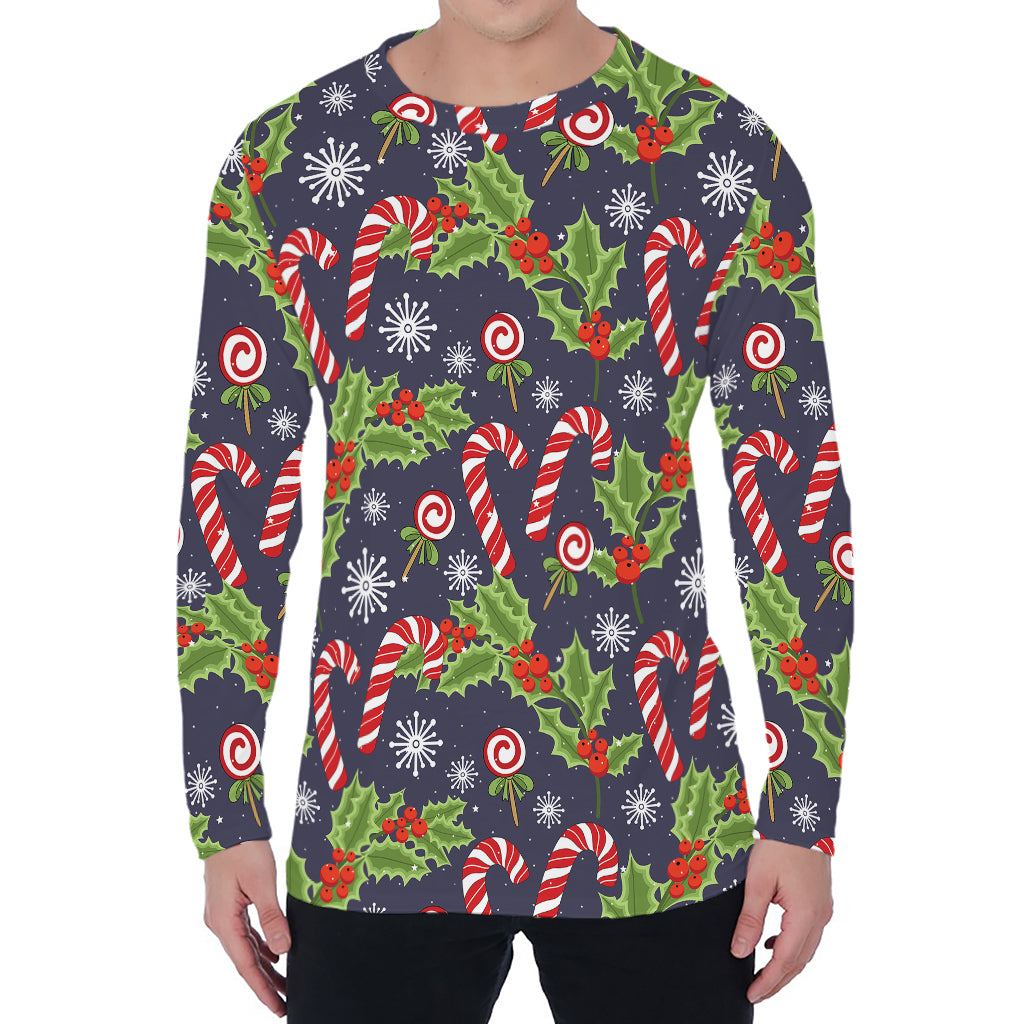 Christmas Berry And Candy Pattern Print Men's Long Sleeve T-Shirt