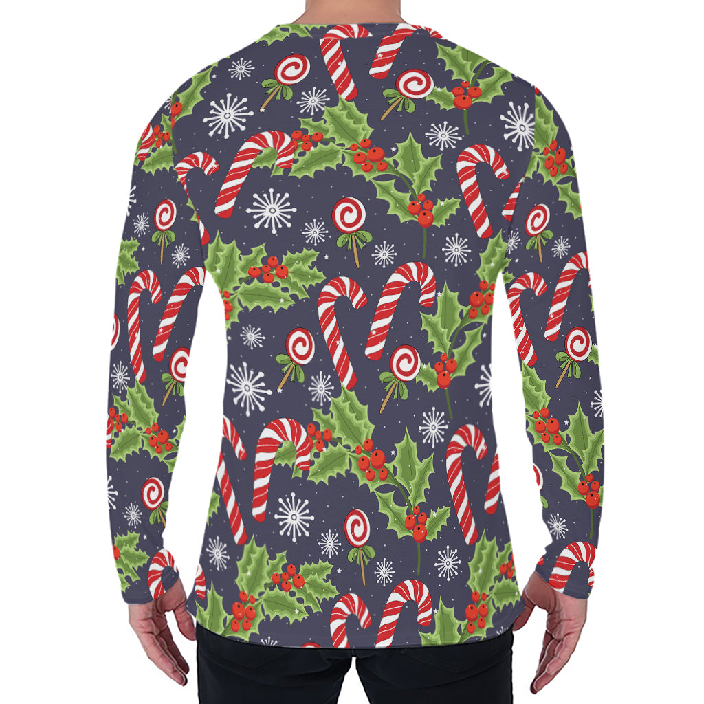 Christmas Berry And Candy Pattern Print Men's Long Sleeve T-Shirt