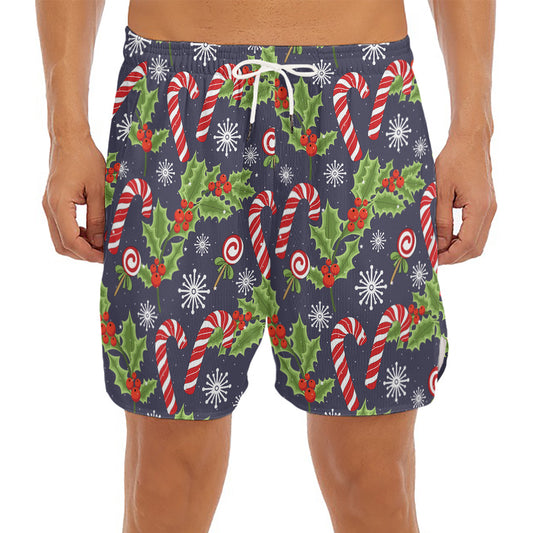 Christmas Berry And Candy Pattern Print Men's Split Running Shorts