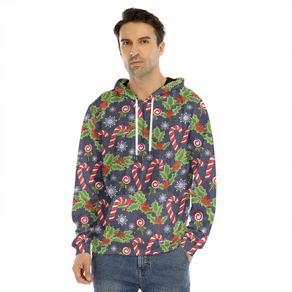 Christmas Berry And Candy Pattern Print Men's Velvet Pullover Hoodie