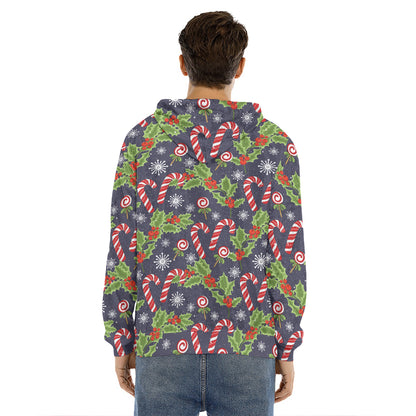 Christmas Berry And Candy Pattern Print Men's Velvet Pullover Hoodie