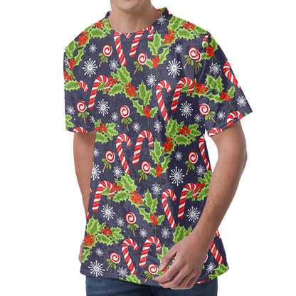 Christmas Berry And Candy Pattern Print Men's Velvet T-Shirt