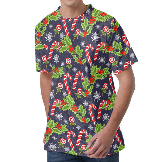 Christmas Berry And Candy Pattern Print Men's Velvet T-Shirt