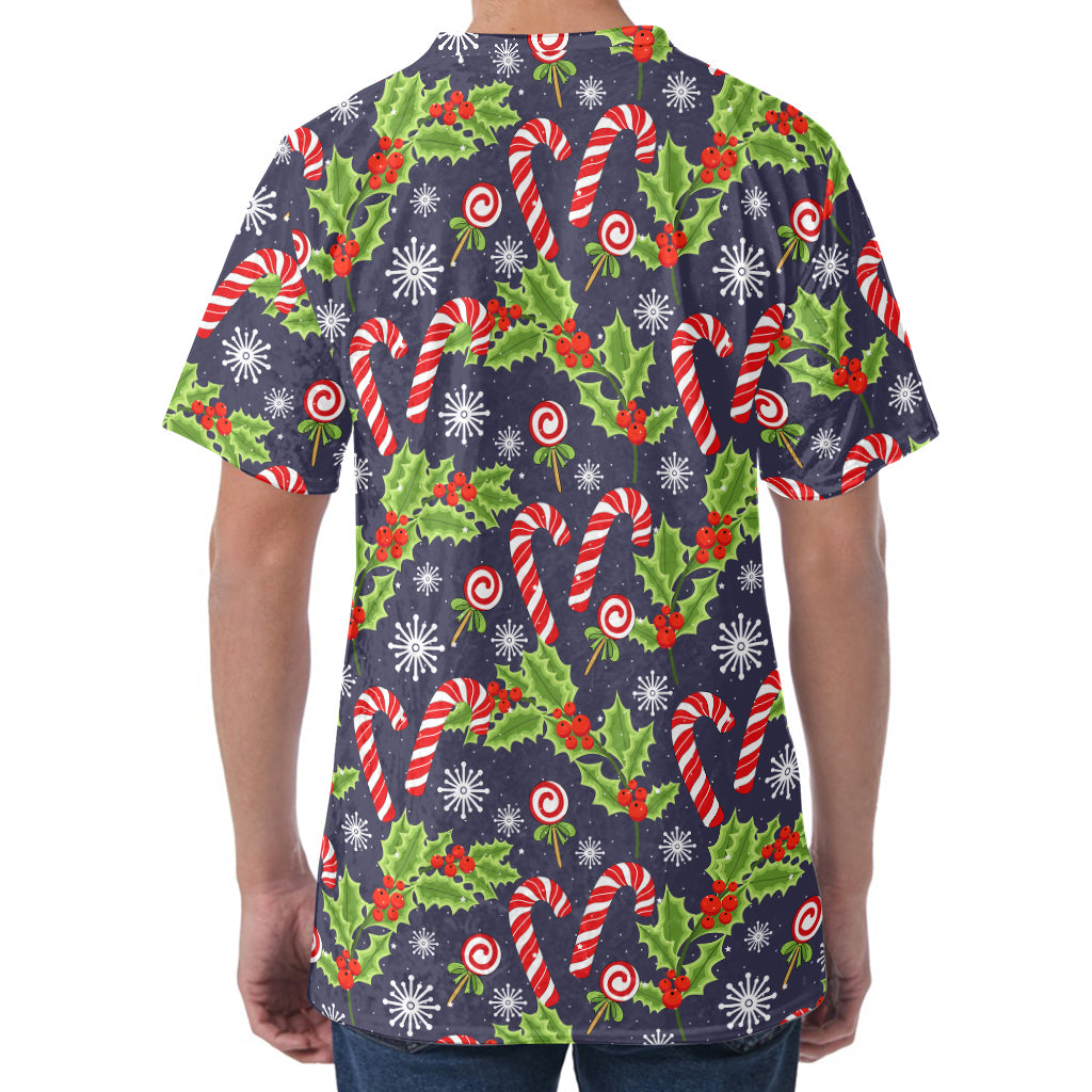 Christmas Berry And Candy Pattern Print Men's Velvet T-Shirt