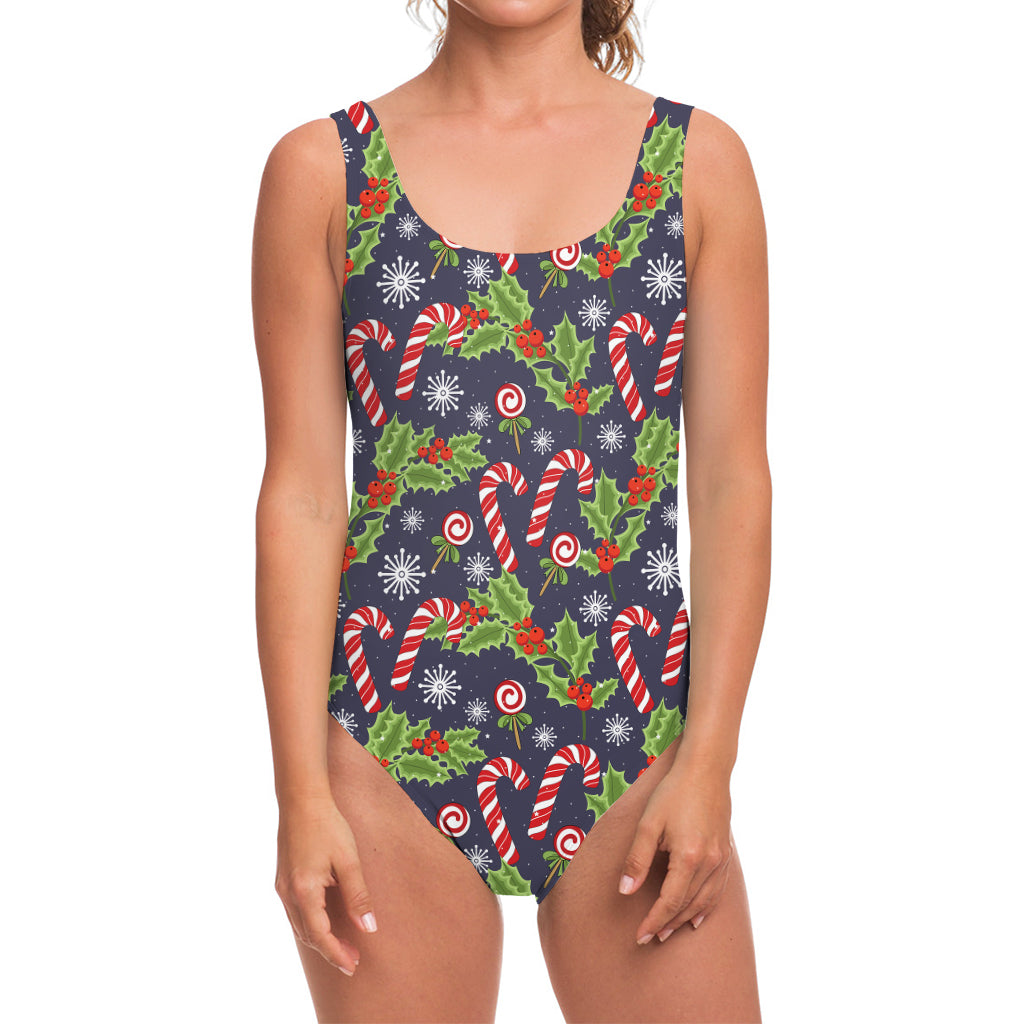 Christmas Berry And Candy Pattern Print One Piece Swimsuit