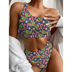 Christmas Berry And Candy Pattern Print One Shoulder Bikini Top