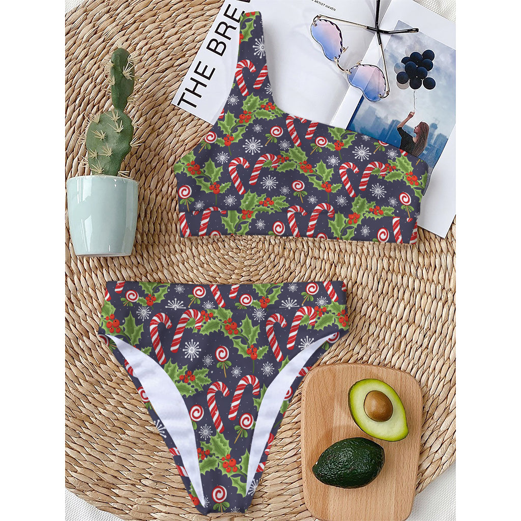 Christmas Berry And Candy Pattern Print One Shoulder Bikini Top