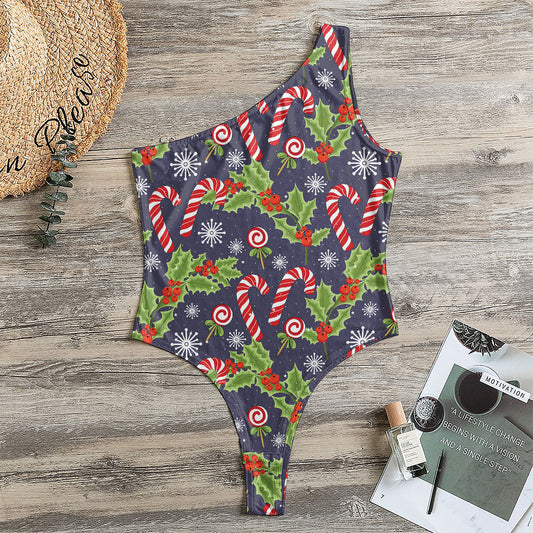 Christmas Berry And Candy Pattern Print One Shoulder Bodysuit