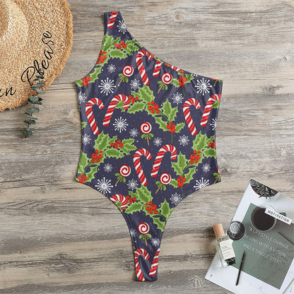 Christmas Berry And Candy Pattern Print One Shoulder Bodysuit