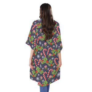 Christmas Berry And Candy Pattern Print Open Front Beach Cover Up