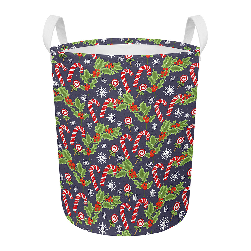 Christmas Berry And Candy Pattern Print Round Laundry Basket
