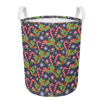 Christmas Berry And Candy Pattern Print Round Laundry Basket