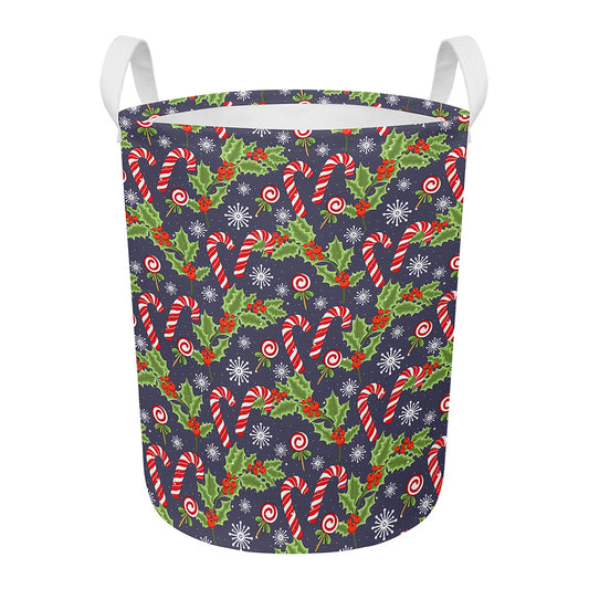 Christmas Berry And Candy Pattern Print Round Laundry Basket