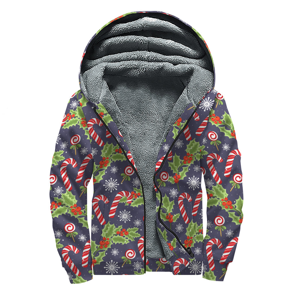 Christmas Berry And Candy Pattern Print Sherpa Lined Zip Up Hoodie