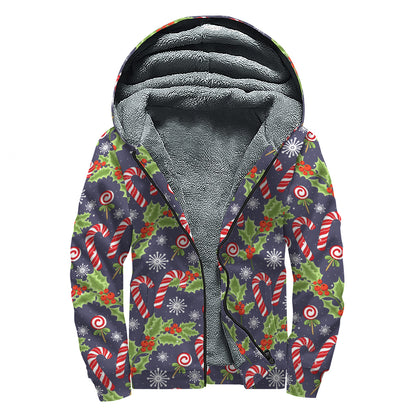 Christmas Berry And Candy Pattern Print Sherpa Lined Zip Up Hoodie