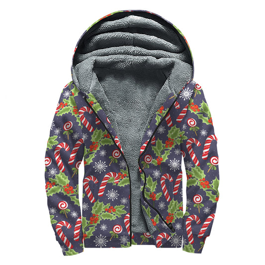 Christmas Berry And Candy Pattern Print Sherpa Lined Zip Up Hoodie