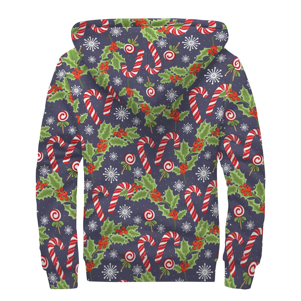 Christmas Berry And Candy Pattern Print Sherpa Lined Zip Up Hoodie