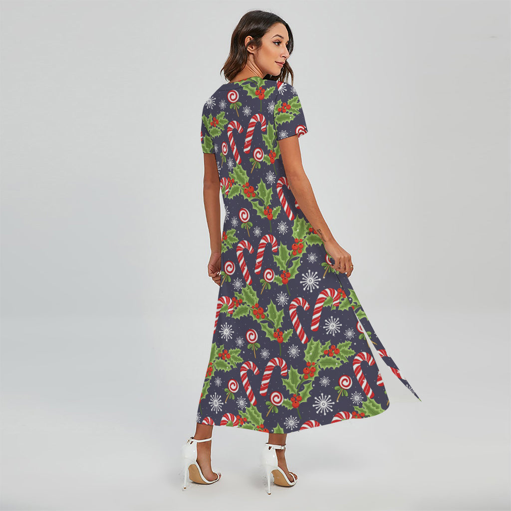 Christmas Berry And Candy Pattern Print Short Sleeve Maxi Dress