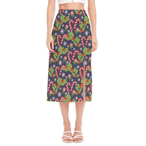 Christmas Berry And Candy Pattern Print Side Slit Midi Skirt