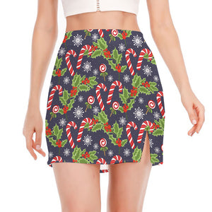 Christmas Berry And Candy Pattern Print Side Slit Mini Skirt