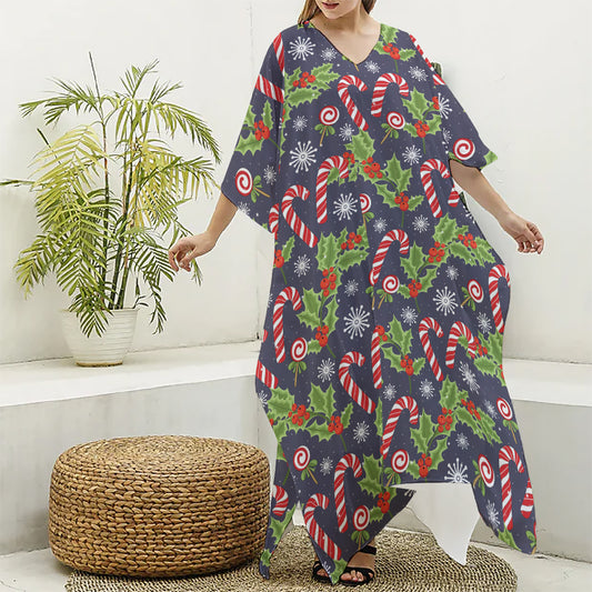 Christmas Berry And Candy Pattern Print Silk V-Neck Kaftan Dress