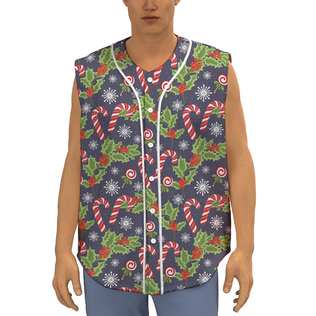 Christmas Berry And Candy Pattern Print Sleeveless Baseball Jersey