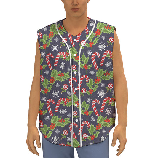 Christmas Berry And Candy Pattern Print Sleeveless Baseball Jersey